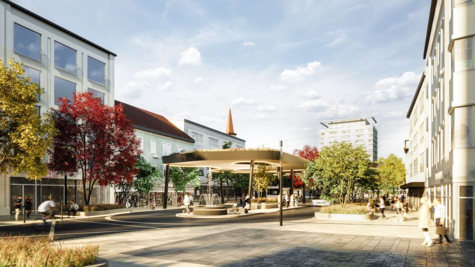 Visualisierung des Kaiser-Josef-Platz nach Umbau Brunnen und begrüntem Dach der Busdrehscheibe