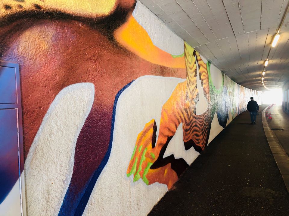 Buntes Grafitti Kunstwerk an der Wand der Tunnelunterführung Neustadt in Wels