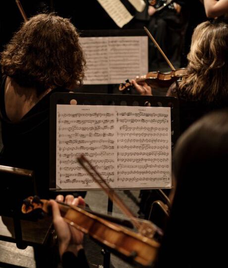 3 Geigenspielerinnen samt Notenblätter sind von der Rückseite zu erkennen