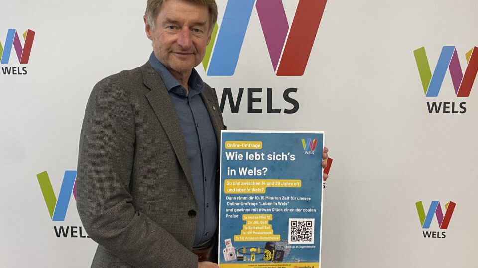Vizebürgermeister Gerhard Kroiß mit dem Plakat der Jugendstudie