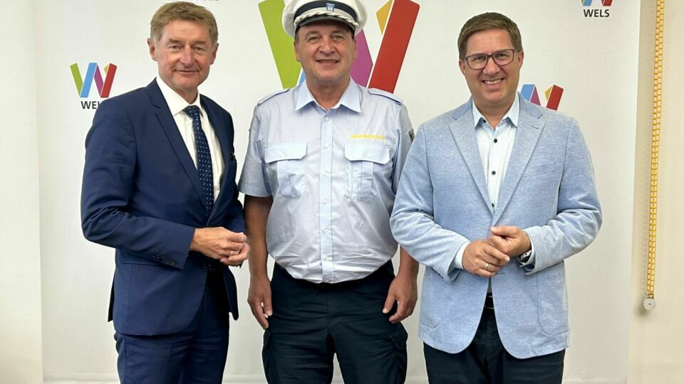 Herr Bürgermeister Dr. Rabl, Herr Rumpl von der Ordnungswache Wels und Herr Vizebürgermeister Kroiß